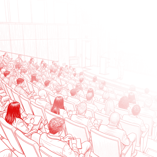 Illustrated conference audience fading into white